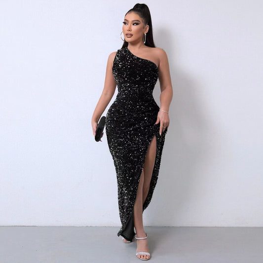 All black glowing dress party queen high slit LL-708