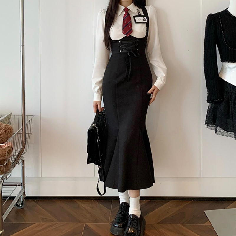 Fake two-piece college dress, slim fishtail skirt and long skirt in early autumn. LL-591