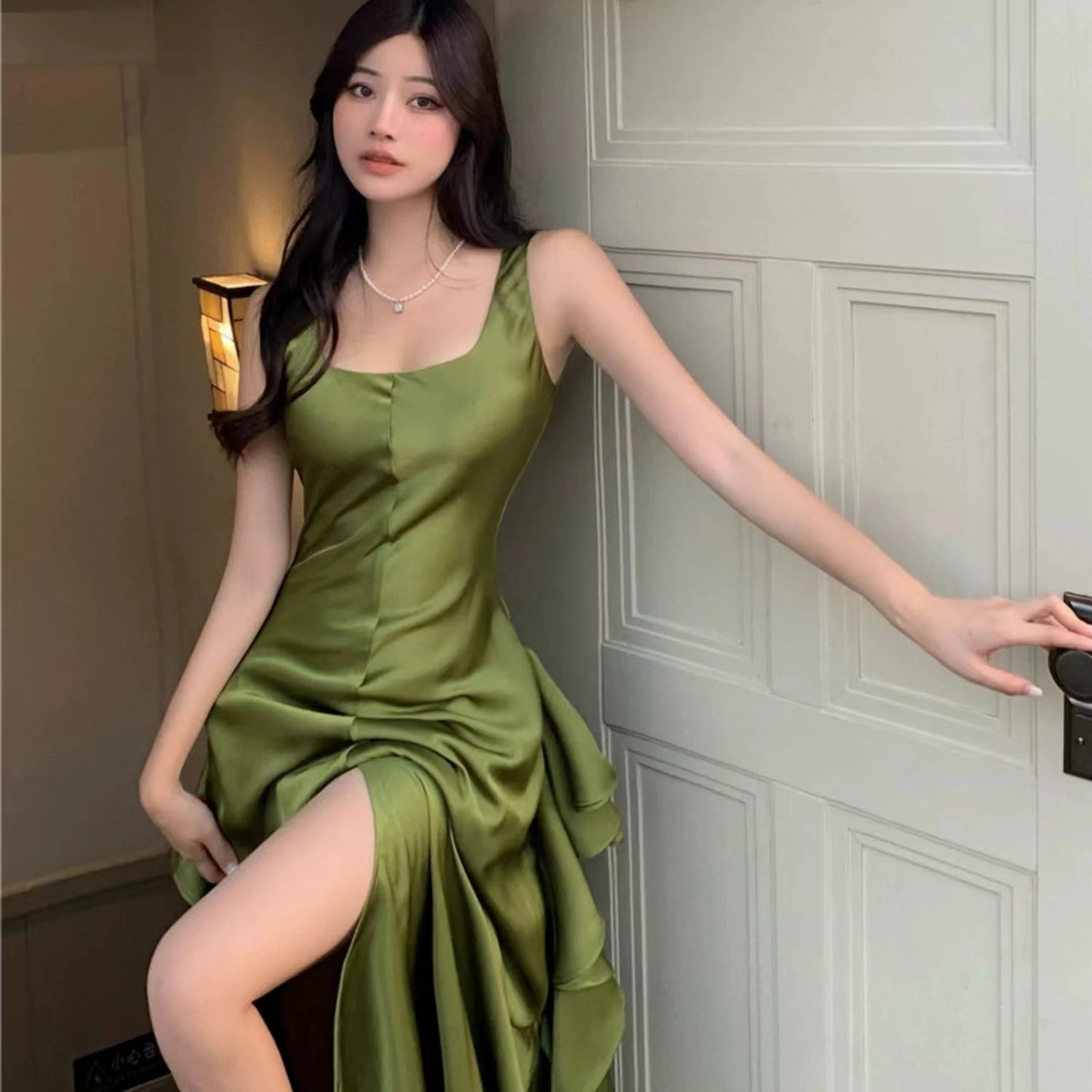 Green and white satin suspender dress sexy seaside vacation long dress LL-712