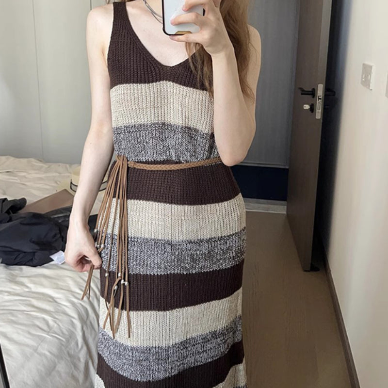 Pure Lust Stripe Sleeveless Knitted Dress Women's Autumn New Style LL-463