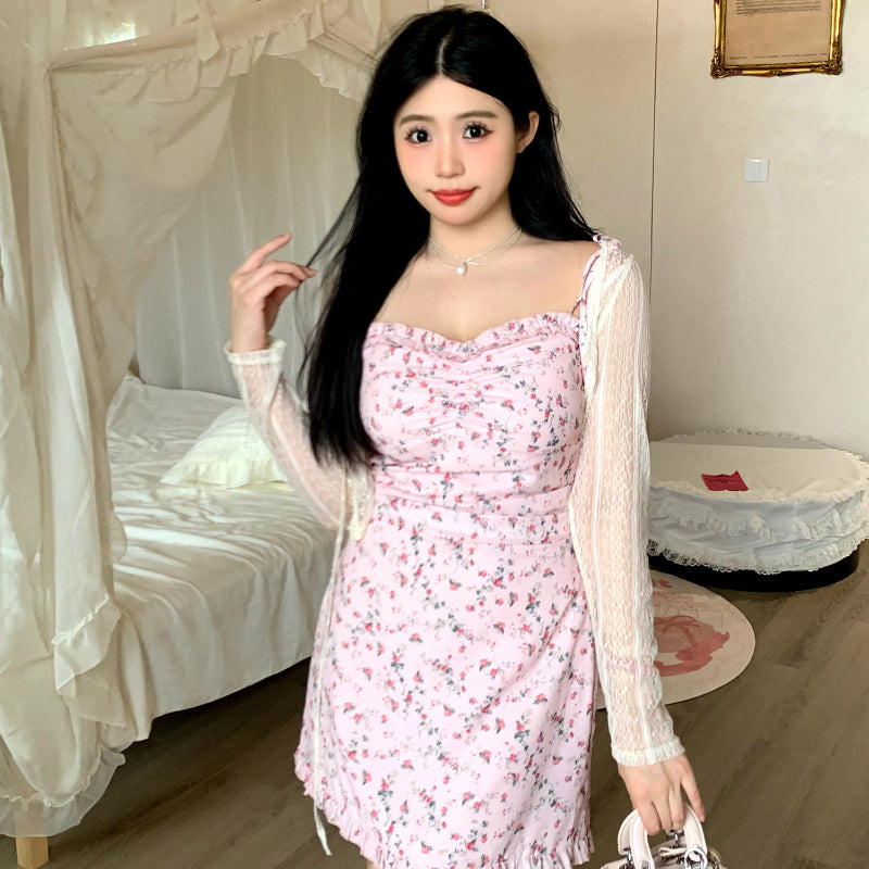 Floral suspender dress summer pure temperament slim pink dress LL-420