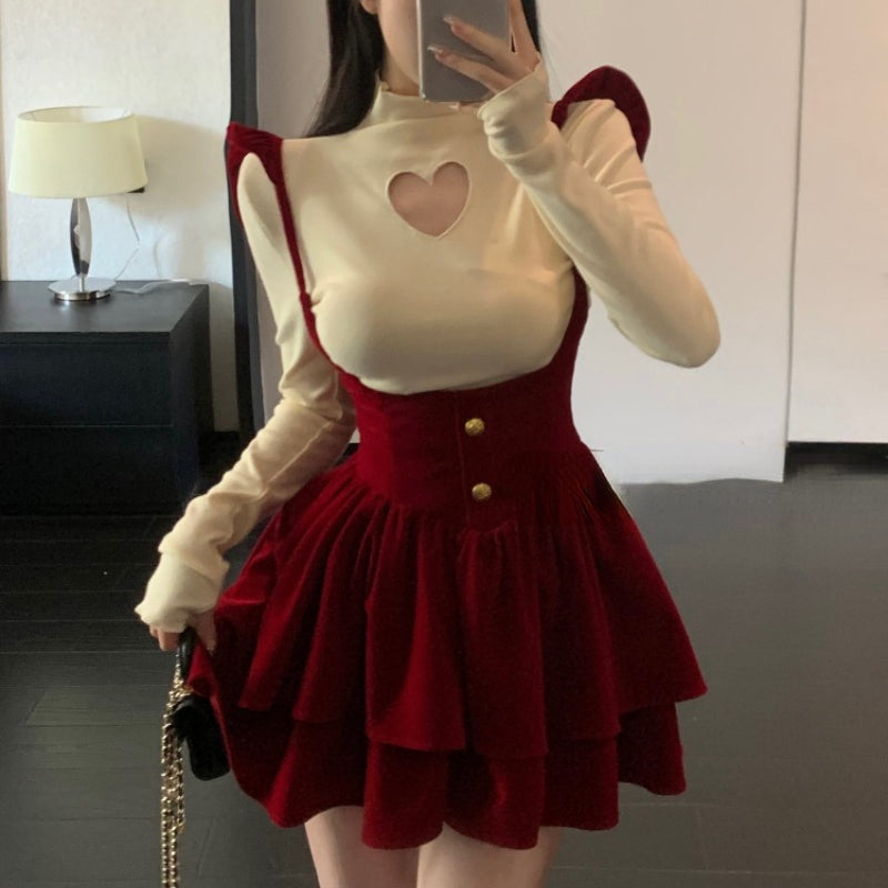 French Dress Strap Skirt Set Women's Spring Sweet Spicy Girl Red Princess Pengpeng Dress High Sense Small Man LL-683