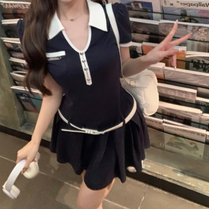 POLO neck bubble sleeve dress for women's summer new college style LL-465