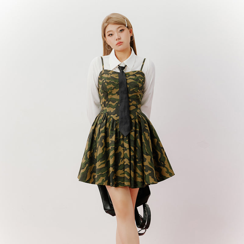 Sweet cool school girl slip dress girl 2023 new slightly fat camouflage dress LL-648