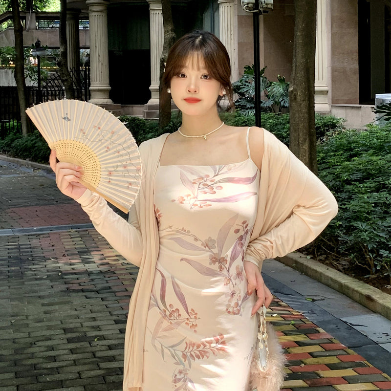 Printed slip dress women's summer new Chinese style vintage midi dress LL-451