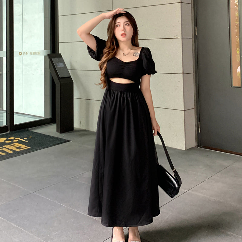 Vintage dress women's 2023 new slightly fat large size black long dress LL-523