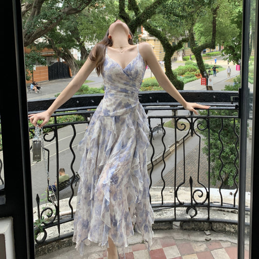 Blue chiffon floral summer hanging neck dress long waist wooden ear LL-204