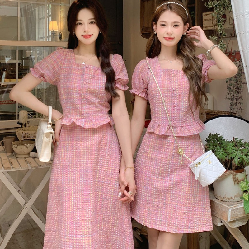 womenversion of square collar foam sleeve wooden ear top summer simple skirt color plaid two-piece suit LL-549