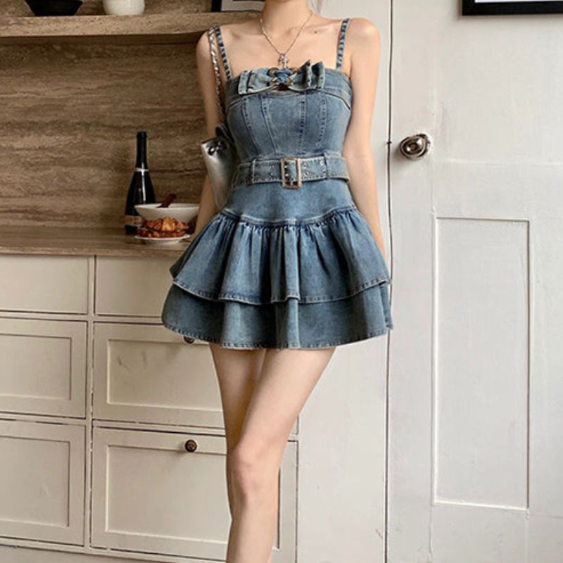 Hot girl jean dress female summer new American retro fluffy skirt LL-199