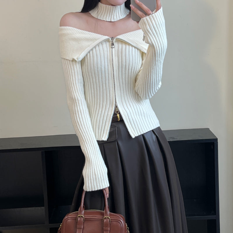 Zip knit shirt with scarf and chic premium top LL-627