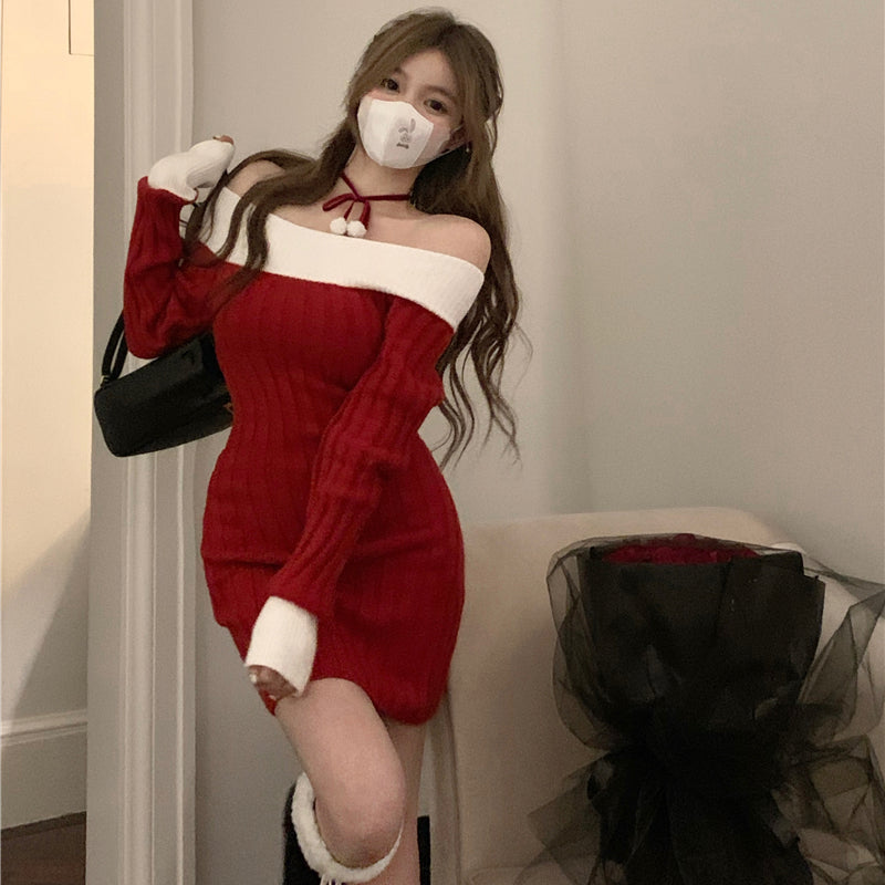 Sexy knitted dress autumn/winter pure lust slim fit christmas red dress for women LL-691