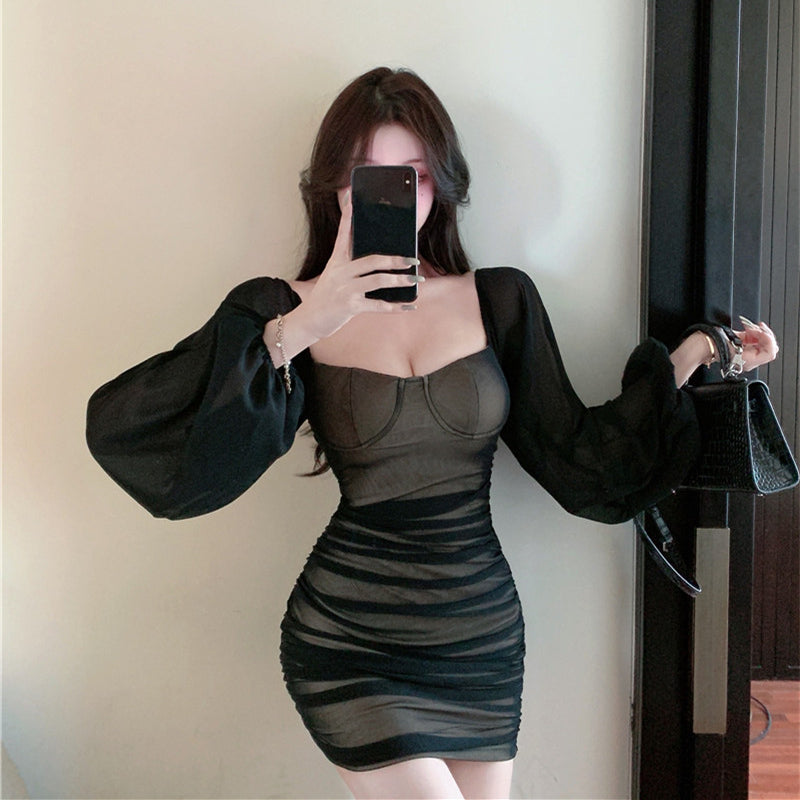 Long-sleeved dress sexy slim gauze pleated hip skirt LL-213