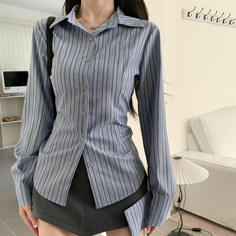 shirt women's spring design sense niche embroidered striped long-sleeved shirt LL-219