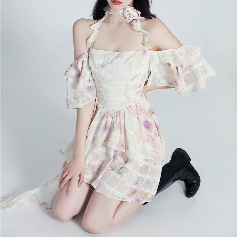 Ballet Style French Rose Fragmented Flower Hanging Neck Flower Dress  LL-186