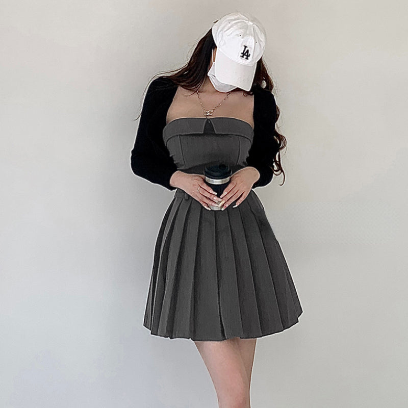 Sweet and Spicy Girl Grey Bra Dress Women's Summer Slim Fit Show Thin Pleated Skirt LL-639