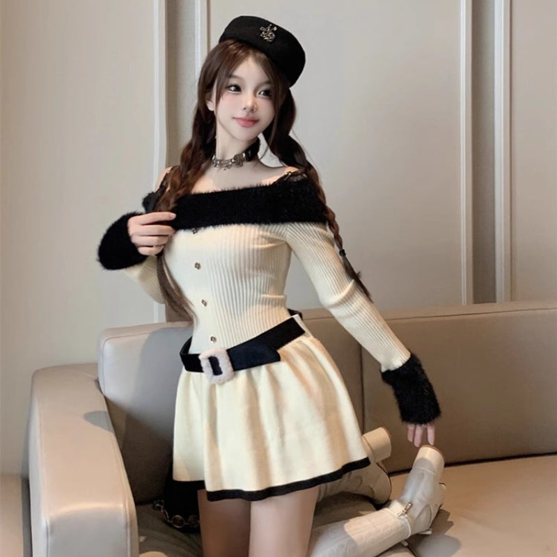 Knitted dress women autumn and winter pure desire spice girls pleated skirt sweater skirt LL-670