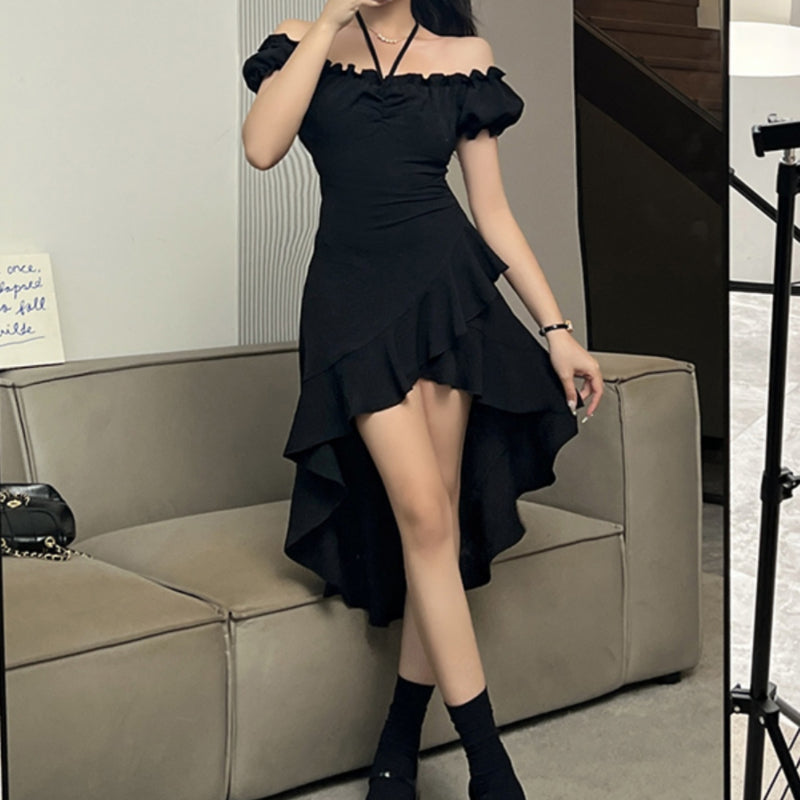 Black ruffled irregular dress for women's sexy dress LL-584