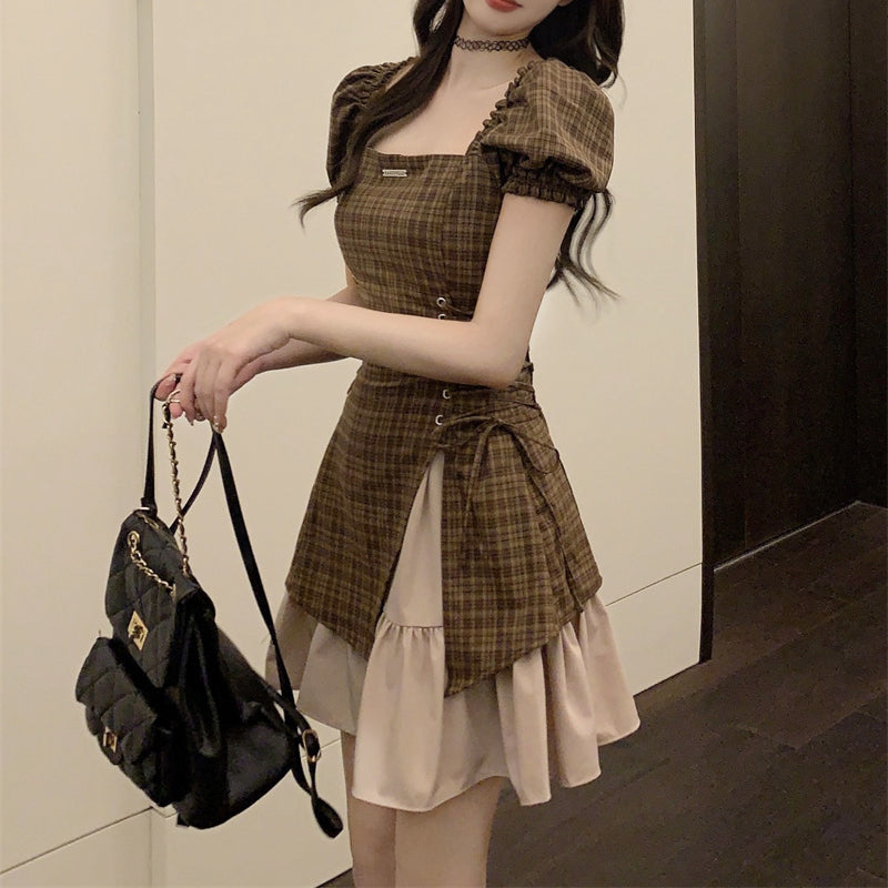 Square neck plaid dress women's summer niche design sense splicing sweet cool LL-215