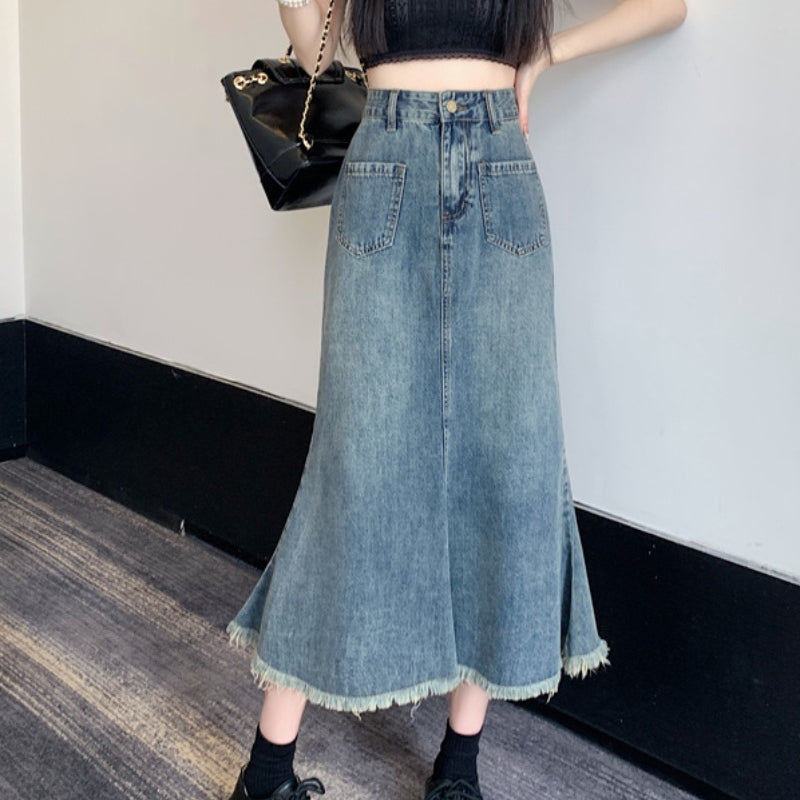 Vintage denim skirt women's new mid-length fishtail skirt trend in 2023 LL-501