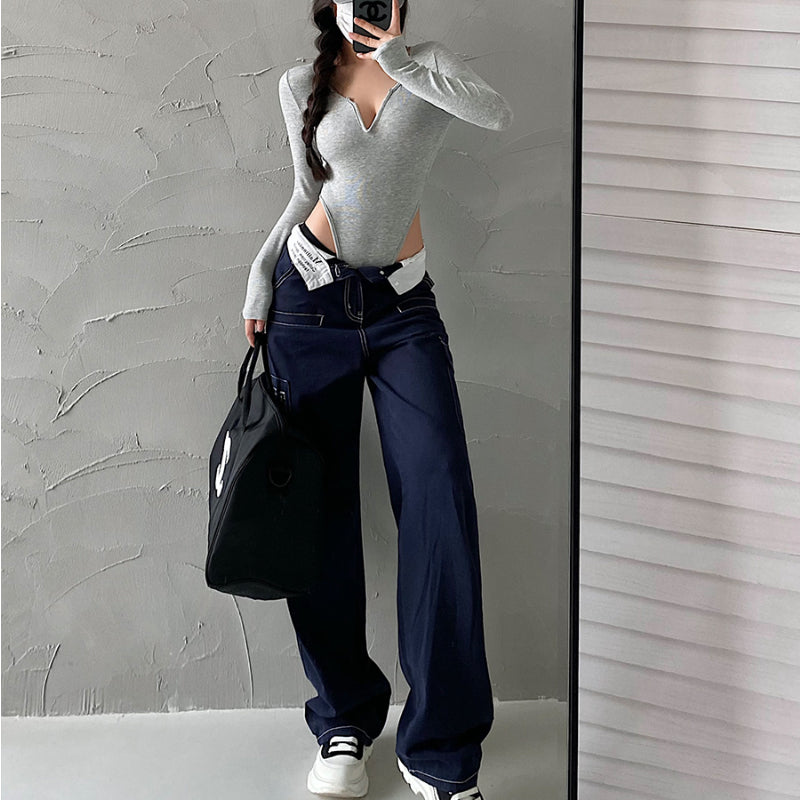 Retro loose contrasting straight-leg wide-leg cargo jeans trousers LL-678