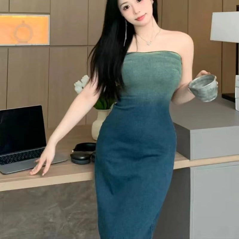 Gradient tube top dress one shoulder spice girl long dress LL-150