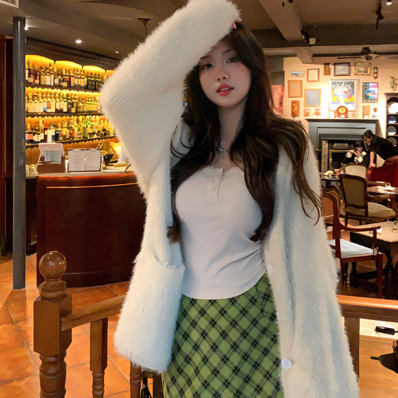 Korean green checked skirt women's autumn 2023 new A-line long dress LL-621