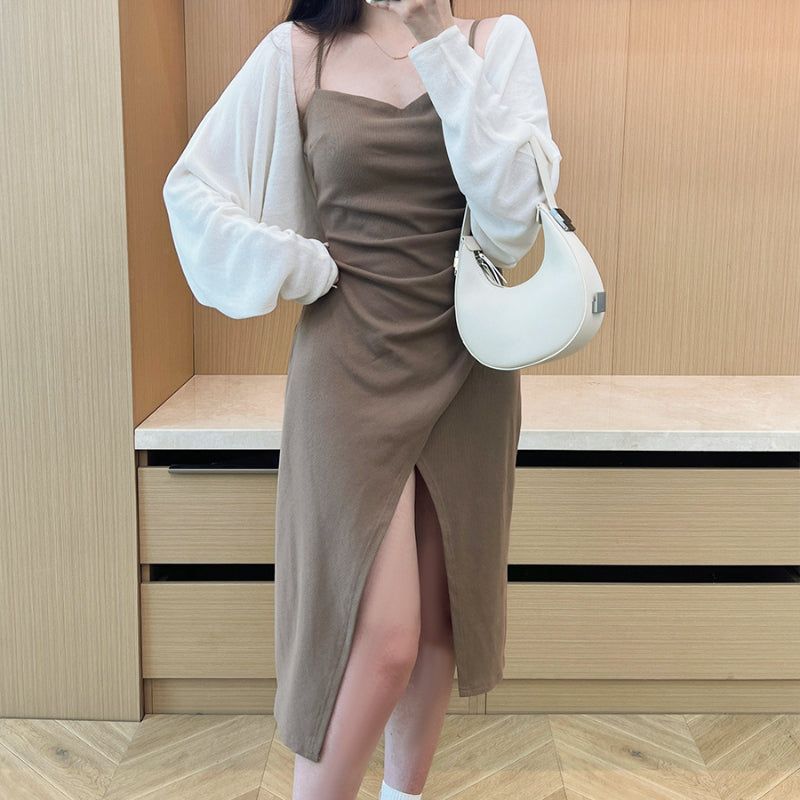 Solid color slip dress slim fit versatile Ken bean skirt niche waist split skirt LL-586