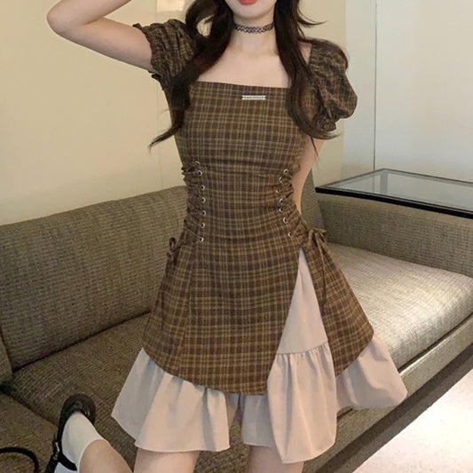 Square neck plaid dress women's summer niche design sense splicing sweet cool LL-215