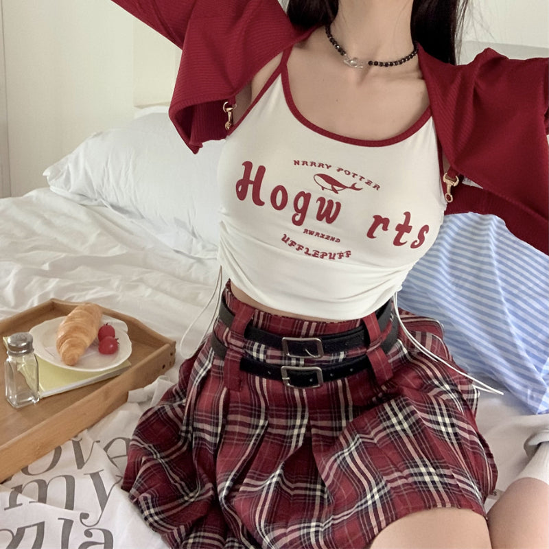 Spring/Summer Retro College Style Red Plaid Pleated Skirt Half Skirt Girl LL-456