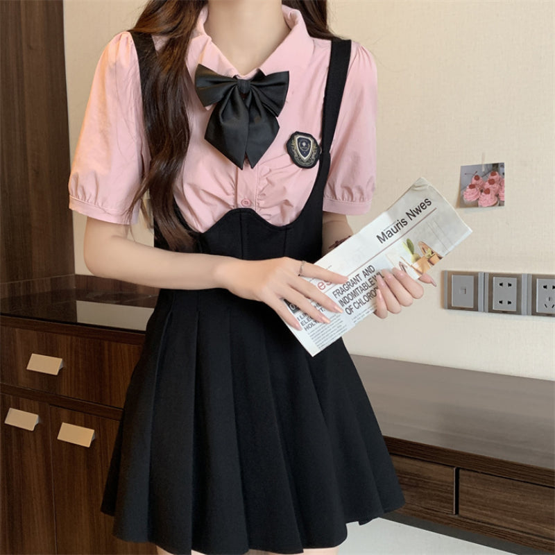 Polo collar short-sleeved shirt top A-line strap skirt two-piece college suit LL-551