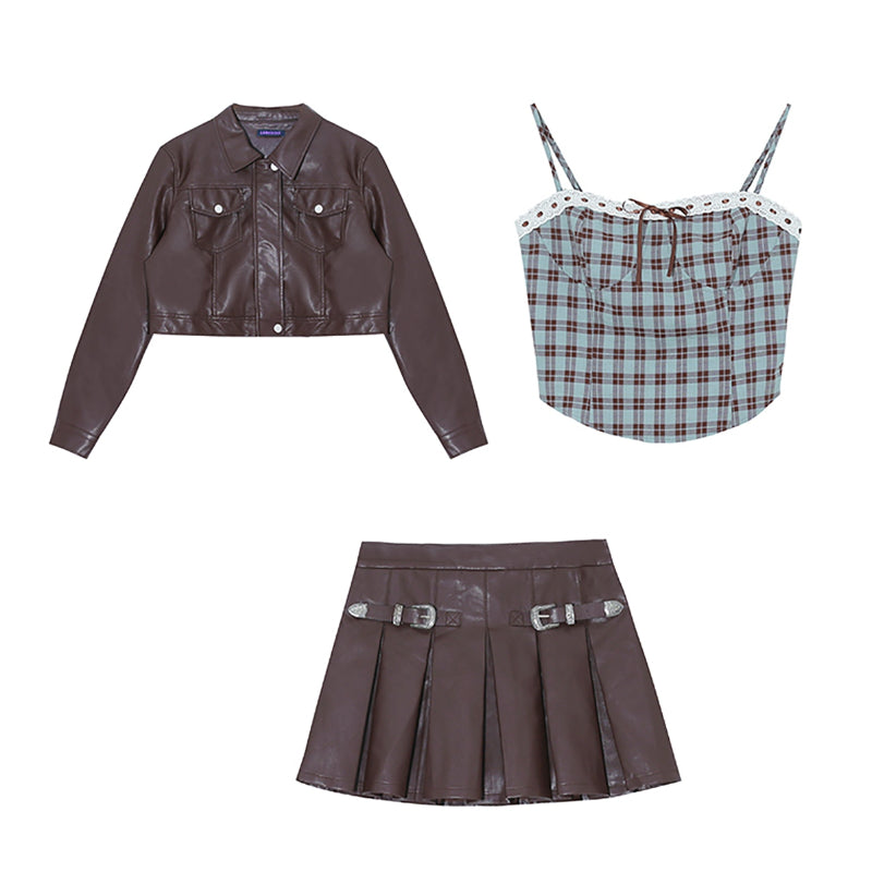 Retro blue plaid vest leather skirt two-piece autumn new spice girl suit female LL-608