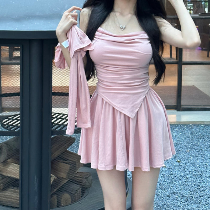 Irregular Tank Top Pleated Half Skirt Two Piece Set for Women's 2023 Summer New Set LL-498