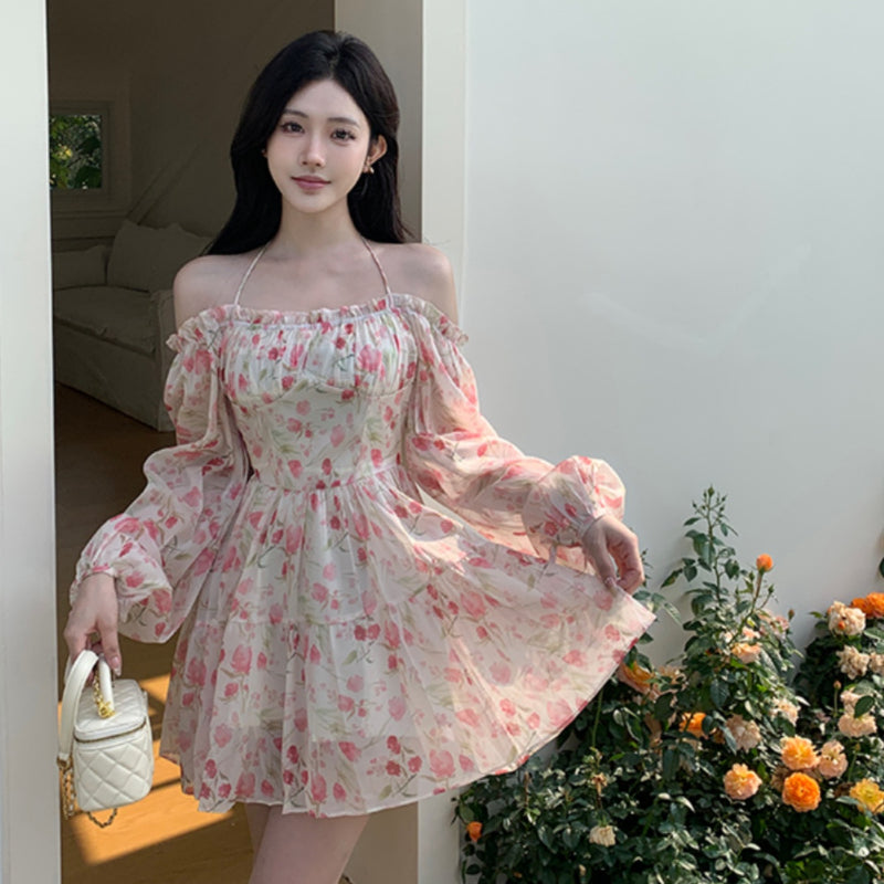 Women summer one-shoulder floral chiffon dress with waist LL-720