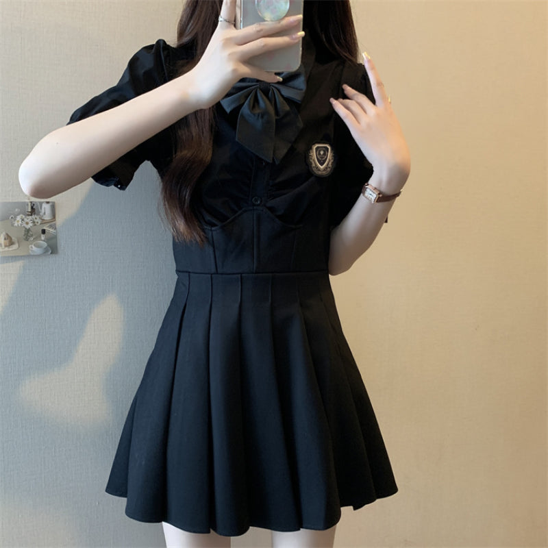 Polo collar short-sleeved shirt top A-line strap skirt two-piece college suit LL-551