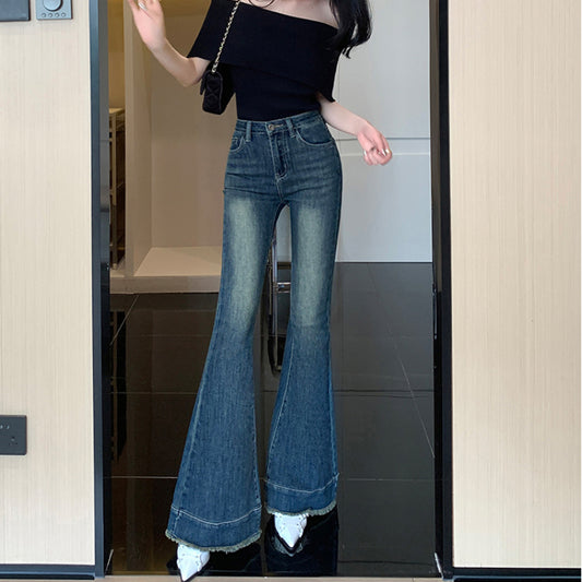 The design temperament shows thin flared floor jeans women's casual trousers slightly stretchy LL-625