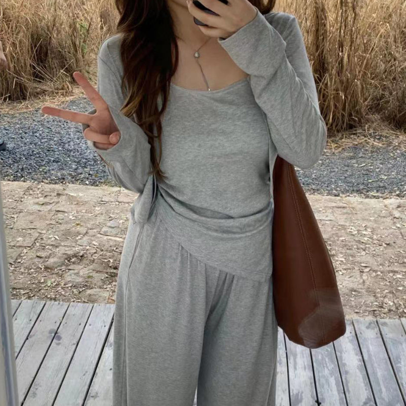 Early autumn light grey cardigan bottoming wide-leg pants minimalist three-piece suit LL-460