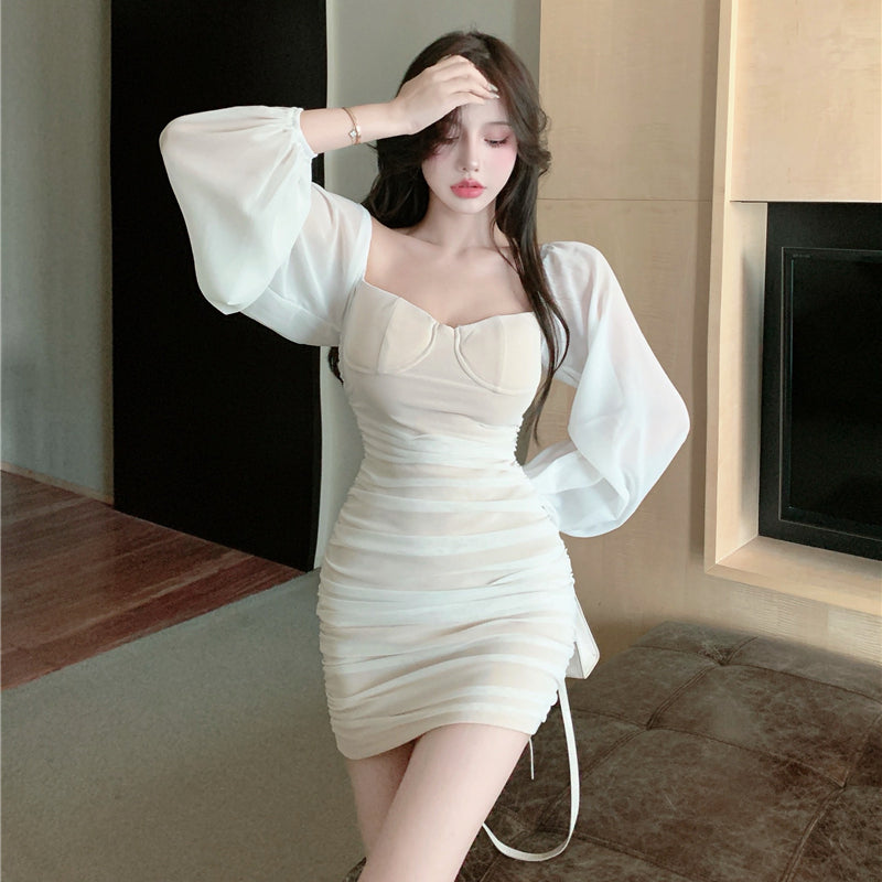 Long-sleeved dress sexy slim gauze pleated hip skirt LL-213