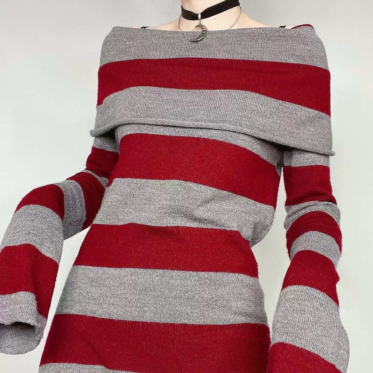 2023NEW STRIPE OFF SHOULDER SWEATER DRESS LL-680