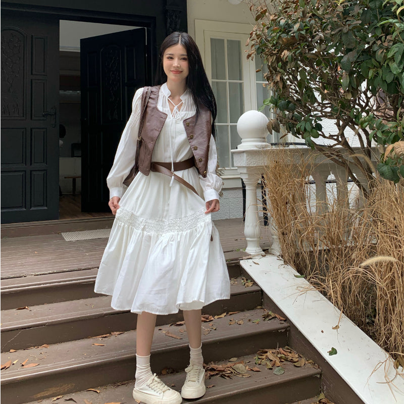 Foreign fashion suit, autumn women's oversized white shirt dress, vest two-piece LL-487