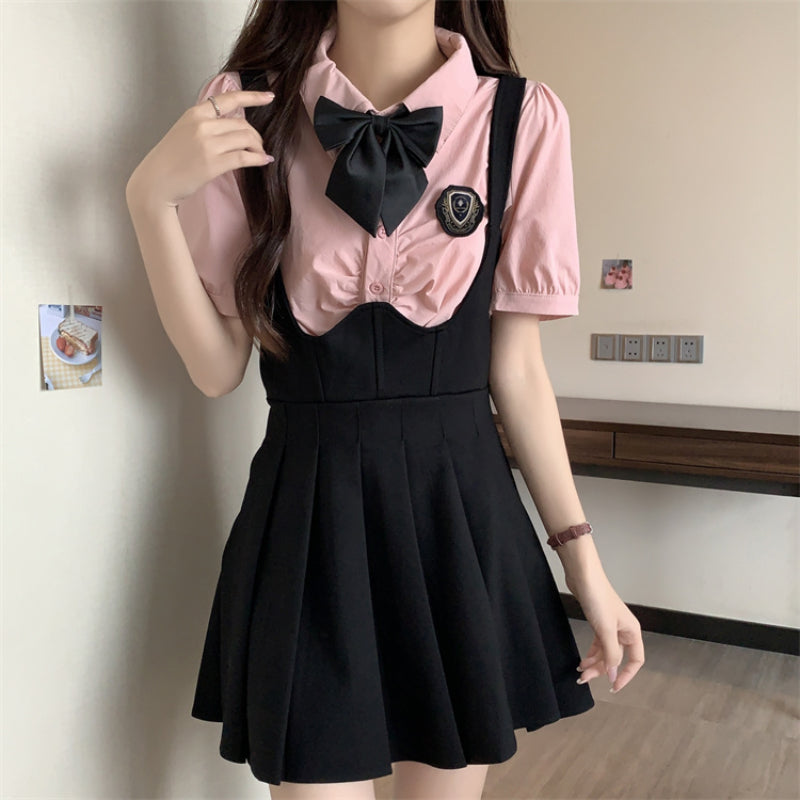 Polo collar short-sleeved shirt top A-line strap skirt two-piece college suit LL-551