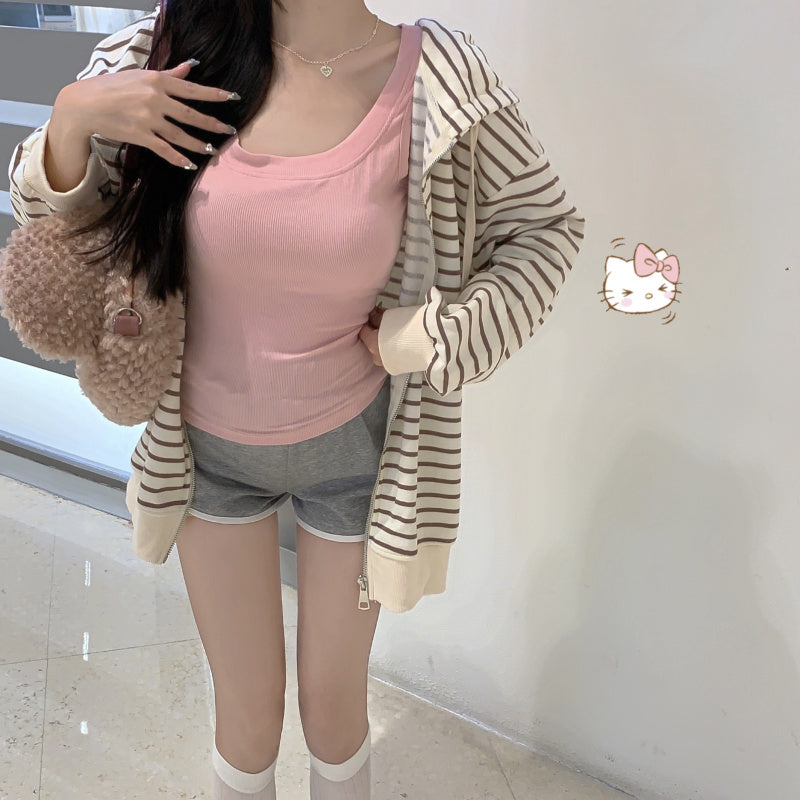 Striped hooded cardigan with drawstring top, women's summer suit, casual shorts, three piece set LL-454