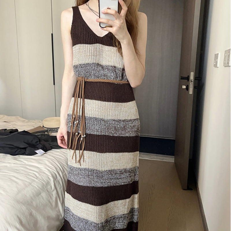 Pure Lust Stripe Sleeveless Knitted Dress Women's Autumn New Style LL-463