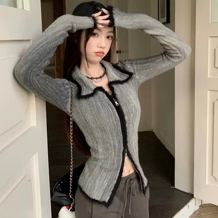 Grey black-edged autumn jacket knitted casual style LL-673