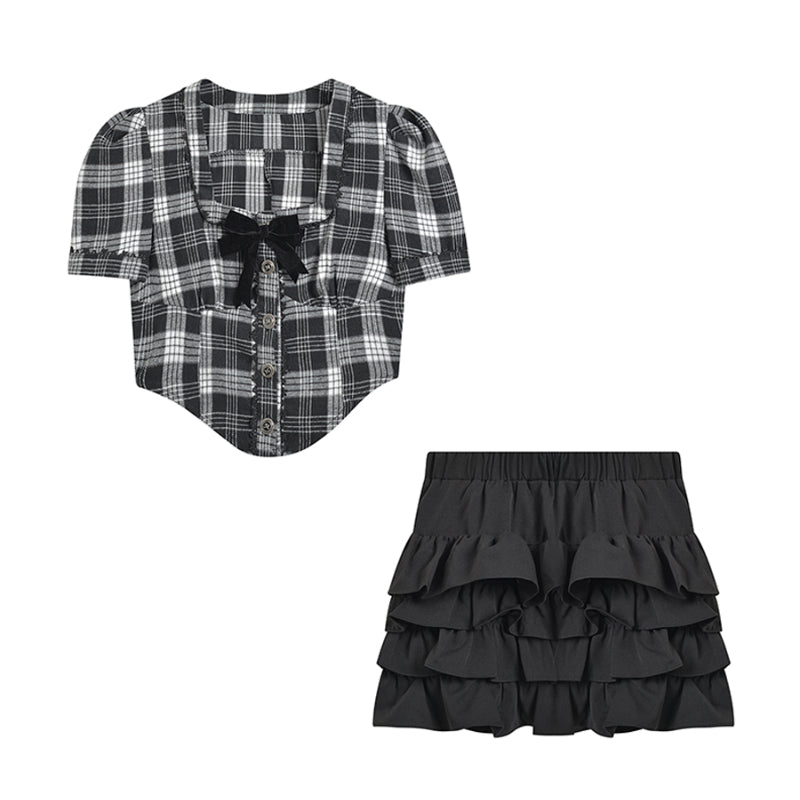 Summer New Black and White Plaid Square Neck Shirt Top Half Skirt Set LL-538