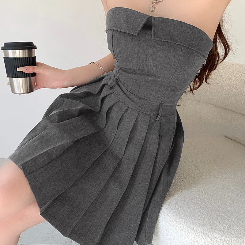 Sweet and Spicy Girl Grey Bra Dress Women's Summer Slim Fit Show Thin Pleated Skirt LL-639