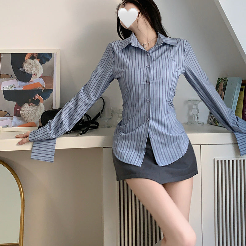 shirt women's spring design sense niche embroidered striped long-sleeved shirt LL-219