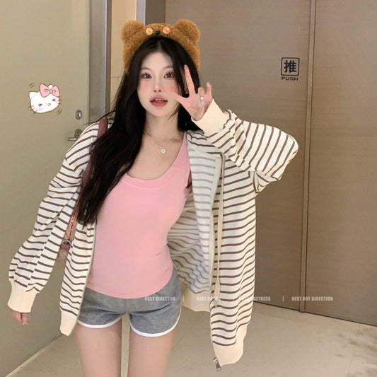 Striped hooded cardigan with drawstring top, women's summer suit, casual shorts, three piece set LL-454