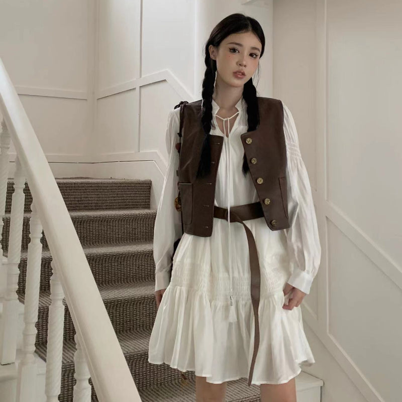 Foreign fashion suit, autumn women's oversized white shirt dress, vest two-piece LL-487