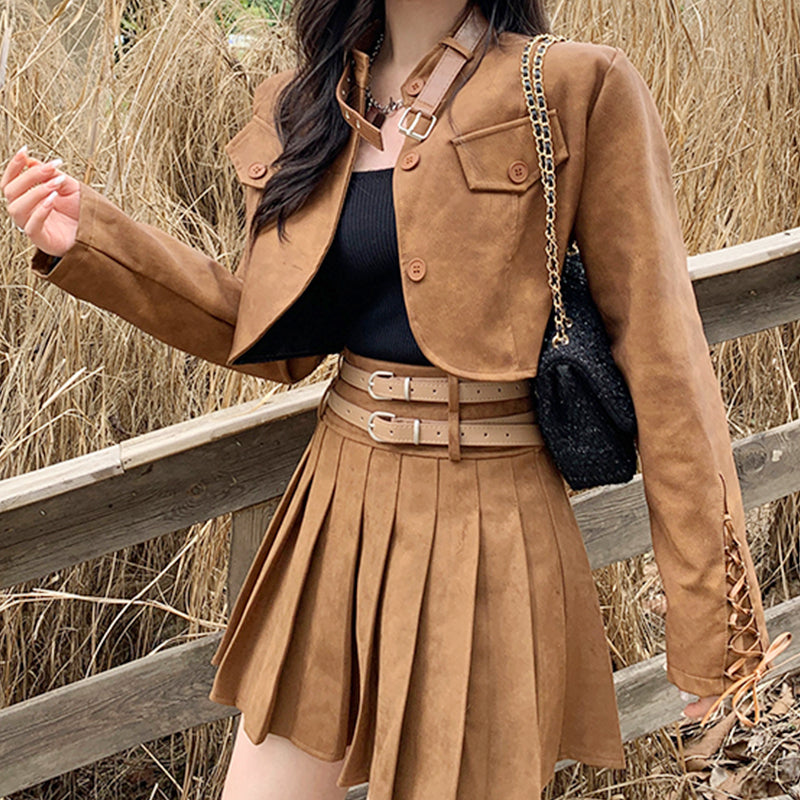 Brown retro leather jacket Women's design short top trend LL-593