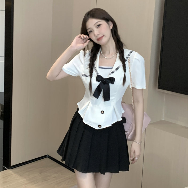 Navy collar short sleeved shirt top pleated half skirt age reducing college style set LL-423